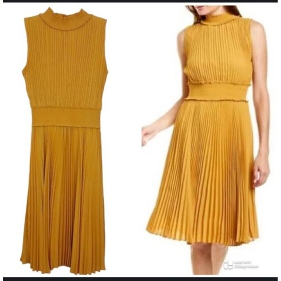 NWT Nanette Lepore Womens High Neck Pleated Smocked A-Line Dress Yellow 2 - Picture 1 of 13